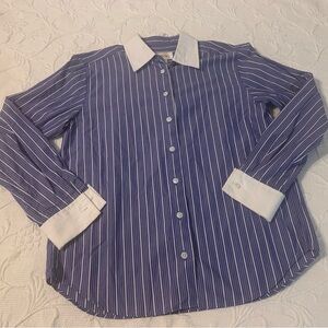 Classic Blue Stripe Button-Down Shirt with White Collar - Women’s